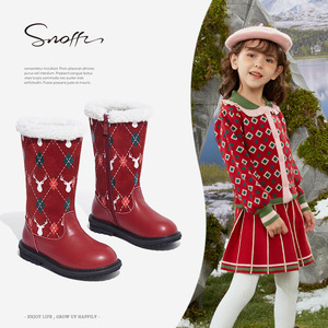 斯纳菲冬季女童中筒靴加绒加厚红色儿童皮靴保暖雪地靴长靴子大棉