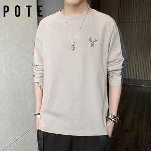 拉夏贝尔pote男士秋季圆领长袖t恤纯棉打底衫男潮流宽松刺绣上衣