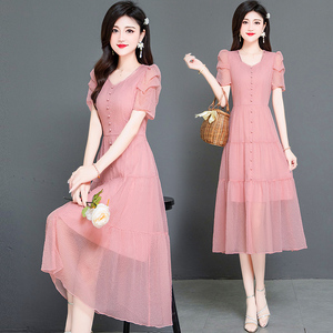 纯色裙子2023新款夏季女韩版流行方领中长款高级感雪纺连衣裙短袖