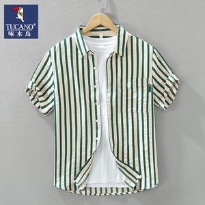 啄木鸟男士短袖衬衫夏季新款条纹日系休闲上衣服潮流拼接衬衣薄款