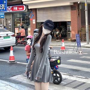 韩版吊带背心连衣裙子女装春装2024收腰修身显瘦灰色高级气质开衫