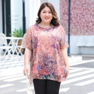 大码女装夏胖女人宽松遮肚子上衣加肥版雪纺罩衫中长款短袖肥婆斤