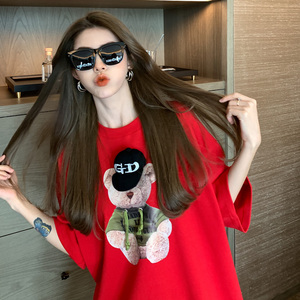 chic原宿风网红短袖t恤女ins潮2021新款欧货大版下衣失踪红色上衣