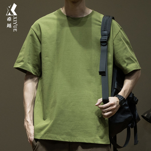 280g重磅纯棉短袖T恤男2024夏季新款休闲男士宽松大码军绿色体恤