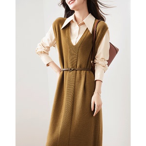 纯色v领直筒连衣裙女春秋季新款无袖坎肩毛衣裙针织马夹背心裙子