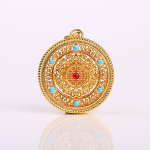 古法老金花丝镶嵌八宝圆盘五福如意圆满吊坠diy毛衣链挂坠