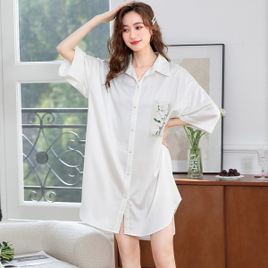 睡衣女夏丝绸冰丝短袖衬衫式睡裙开衫宽松夏天仿真丝可外穿家居服