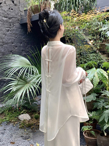 新中式白色防晒衬衫女士2024夏季新款配吊带裙中长款微透雪纺披肩