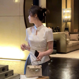 新中式轻国风盘口短袖衬衫女装夏季法式掐腰收腰洋气质短款上衣服