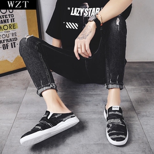 半拖牛仔布鞋男踩后脚跟精神小伙懒人一脚蹬半托纺布鞋没有脚后根