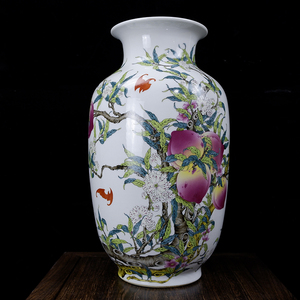 大清乾隆款粉彩九桃五福冬瓜瓶古董古玩旧货老货仿古瓷器复古摆件