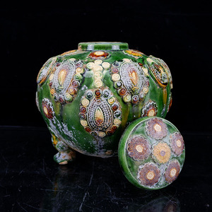 唐三彩绿釉刻花三足盖罐 旧货老货 出土古玩 仿古瓷器 复古老摆件