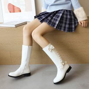 女童靴子2022春秋新款儿童长靴白色小孩公主演出高筒靴马丁靴皮靴