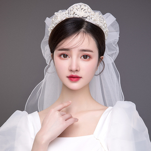 婚纱头饰2021年新款新娘发饰结婚头纱大气森系超仙长款白纱皇冠女