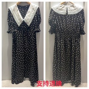 现货秀艾诺丝女装2021年夏装新款黑底爱心v领收腰连衣裙a10519040