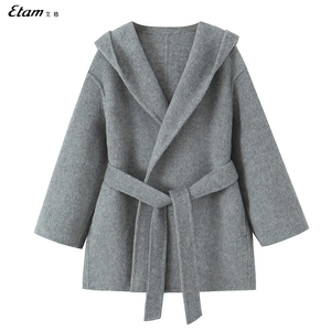艾格/Etam2024夏冬新款韩系羊毛浴袍式连帽双面呢外套小个子短款