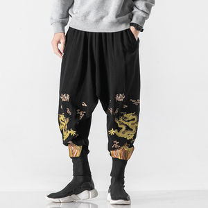 中国风龙刺绣宽松束脚阔腿裤男棉麻大码灯笼裤休闲长裤国潮裤子男