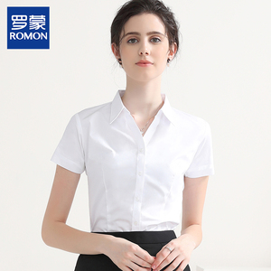 罗蒙女士白色短袖衬衫夏季竹纤维职业正装V领工作服免烫蓝色衬衣