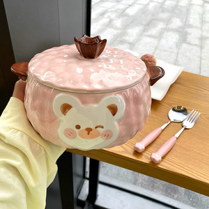 韩式双耳陶瓷熊熊泡面碗可爱带盖创意少女心学生宿舍家用大号汤碗