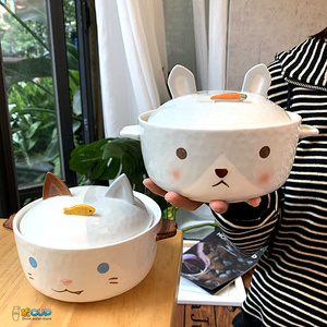 可爱卡通泡面碗带盖学生陶瓷易清洗创意韩式双耳宿舍方便面碗大号