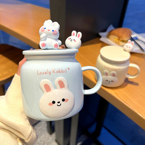 布丁兔子马克杯带盖勺男女陶瓷杯子高颜值喝水咖啡杯办公室情侣杯