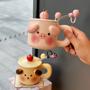 可爱猪猪马克杯带盖勺创意情侣陶瓷杯子男女生家用办公室咖啡水杯