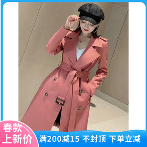 正品哥弟新款2021秋冬新款秋粉色中长款双排扣风衣外套女1400258