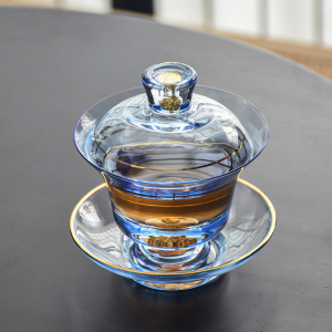 玻璃盖碗功夫茶具手作描金家用耐热加厚透明三才碗泡茶壶大号茶杯