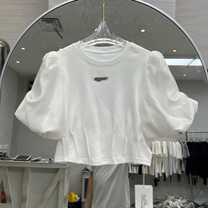 欧货180时尚气质灯篓袖短袖女士夏季设计感修身百搭高腰t恤上衣潮