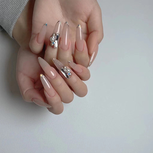 定制穿戴美甲尖圆甲型闪钻冰透裸色显白假指甲贴成品新娘孕妇使用