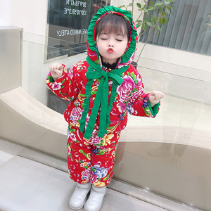 女童复古东北大花棉袄套装一身儿童冬装加棉保暖宝宝民族风表演服