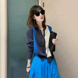 长袖针织开衫女薄款外套洋气时尚上衣撞色拼接蓝色设计感减龄小衫