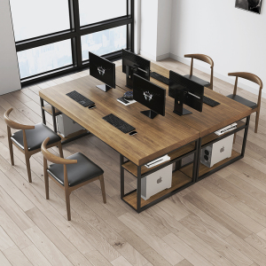 实木办公电脑桌简约双人长条办公桌椅组合工作台办公室职员工作桌