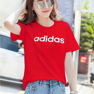 阿迪达斯红色短袖女2022夏季新款纯棉透气半袖圆领运动T恤DZ7677