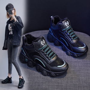 冬款黑色老爹鞋女冬加绒旅游运动鞋冬季加厚保暖棉鞋高帮带绒女鞋