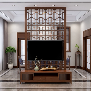中式隔断实木电视墙背景墙新中式客厅隔断屏风顶天立地电视柜定制