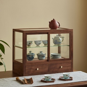复古黑胡桃木实木玻璃面包展示柜咖啡店甜品茶具陈列架收纳柜