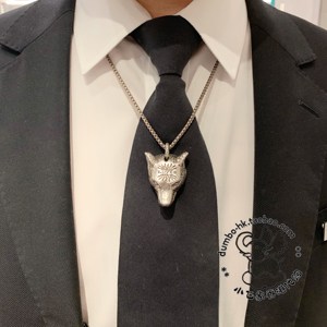 gucci古驰古奇 纯银 大号 狼头吊坠 男士项链 55cm