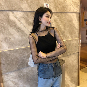 夏季外穿网纱打底衫女长袖网状镂空黑丝渔网内搭网格防晒蕾丝上衣