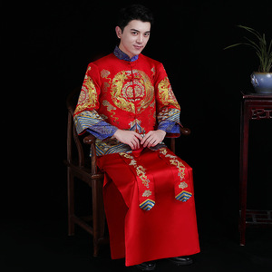 明星同款大红色男士唐装秀禾结婚礼服 龙纹长袍结婚礼服一件代发