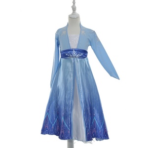欧美冰雪2女童印花连衣裙cosplay爱莎公主裙艾莎加冕长袖新款礼服
