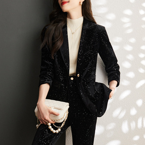 金丝绒西装外套女春秋新款职业装气质女神范高端时尚亮片西服套装