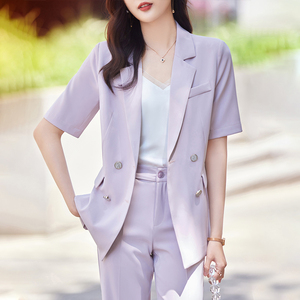 紫色西装外套女夏季短袖时尚气质女神范职业装高级感休闲西服套装