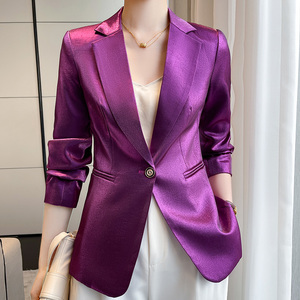 高级感紫色西装外套女2021秋冬新款时尚洋气设计感醋酸缎面小西服