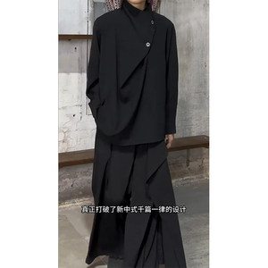 新中式轻国风衬衫设计感高级垂感冰丝长袖衬衣男不规则半高领外套