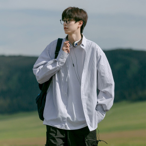 日系cityboy廓形衬衫男长袖少年感蓝白条纹衬衣夏季薄款美式外套