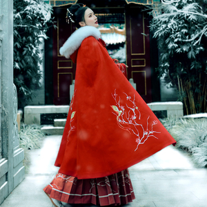 子爵秋色梅花雪原创汉服女装刺绣连帽斗篷长款披风加绒加厚秋冬季