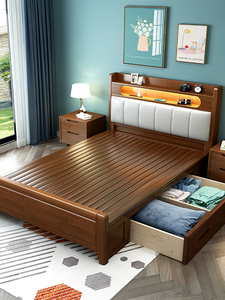 全实木床1.2米儿童抽屉储物床一米135CM宽家用1.5带灯充电单人床