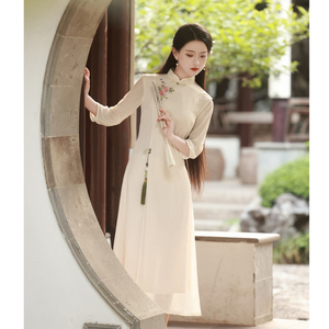 中国风茶艺师旗袍秋季新款2024高端年轻款少女新中式长袖奥黛茶服