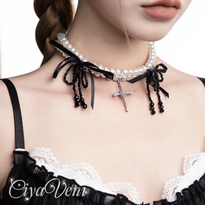 CIYAVENI原创设计珍珠镶钻蝴蝶结复古十字架Choker锁骨链项链百搭